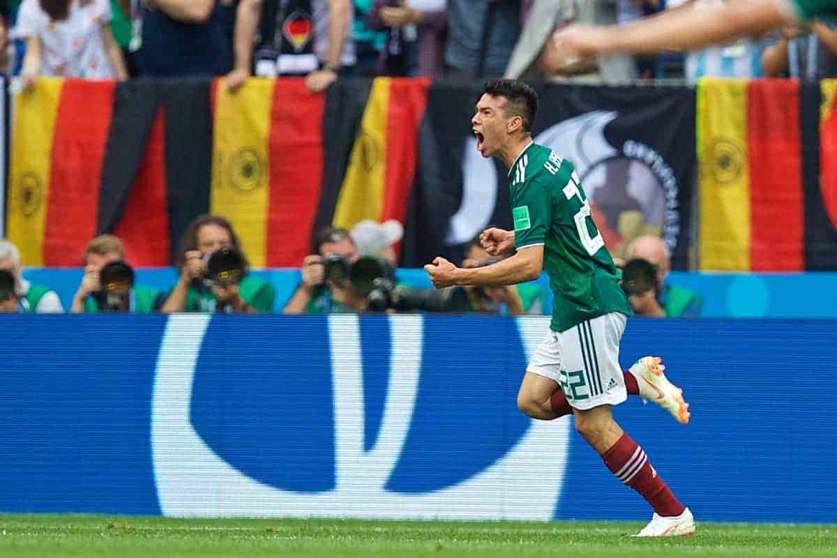 MOSCOW, RUSSIA - Sunday, June 17, 2018: Mexico's Hirving Lozano celebrates scoring the first goal during the FIFA World Cup Russia 2018 Group F match between Germany and Mexico at the Luzhniki Stadium. (Pic by David Rawcliffe/Propaganda)