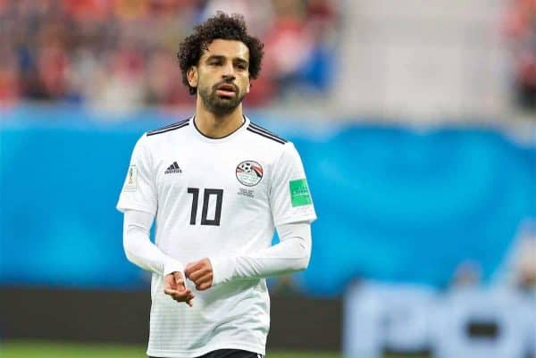 SAINT PETERSBURG, RUSSIA - Sunday, June 17, 2018: Egypt's Mohamed Salah during the FIFA World Cup Russia 2018 Group A match between Russia and Egypt at the Saint Petersburg Stadium. (Pic by David Rawcliffe/Propaganda)