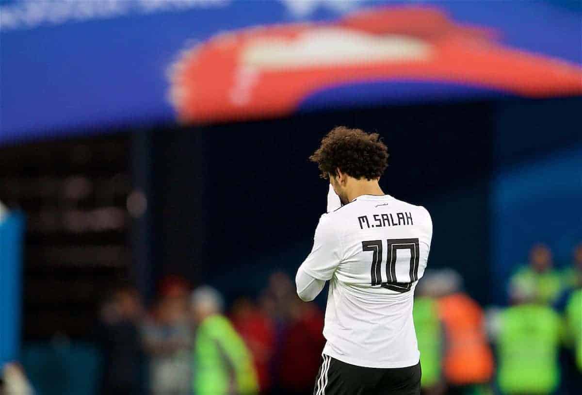 SAINT PETERSBURG, RUSSIA - Sunday, June 17, 2018: Egypt's Mohamed Salah walks off dejected as his side lose 3-1 during the FIFA World Cup Russia 2018 Group A match between Russia and Egypt at the Saint Petersburg Stadium. (Pic by David Rawcliffe/Propaganda)