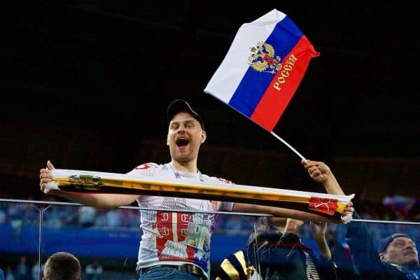 SAINT PETERSBURG, RUSSIA - Sunday, June 17, 2018: A Russia supporter celebrates as his side beat Egypt 3-1 during the FIFA World Cup Russia 2018 Group A match between Russia and Egypt at the Saint Petersburg Stadium. (Pic by David Rawcliffe/Propaganda)