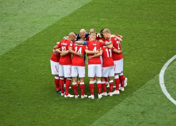 MOSCOW, RUSSIA - Tuesday, June 26, 2018: Denmark players form a pre-match huddle before the FIFA World Cup Russia 2018 Group C match between Denmark and France at the Luzhniki Stadium. (Pic by David Rawcliffe/Propaganda)