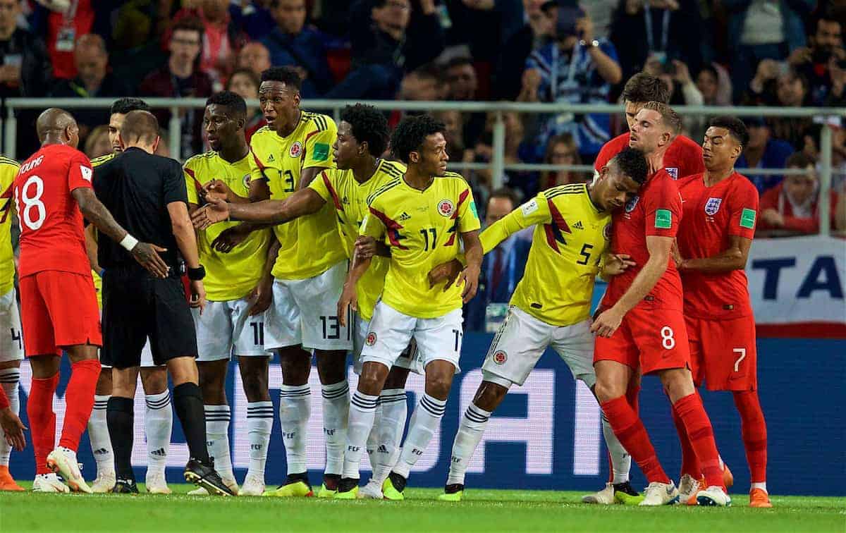 MOSCOW, RUSSIA - Tuesday, July 3, 2018: Colombia's Wilmar Barrios puts his head to the chest of England's Jordan Henderson during the FIFA World Cup Russia 2018 Round of 16 match between Colombia and England at the Spartak Stadium. (Pic by David Rawcliffe/Propaganda)