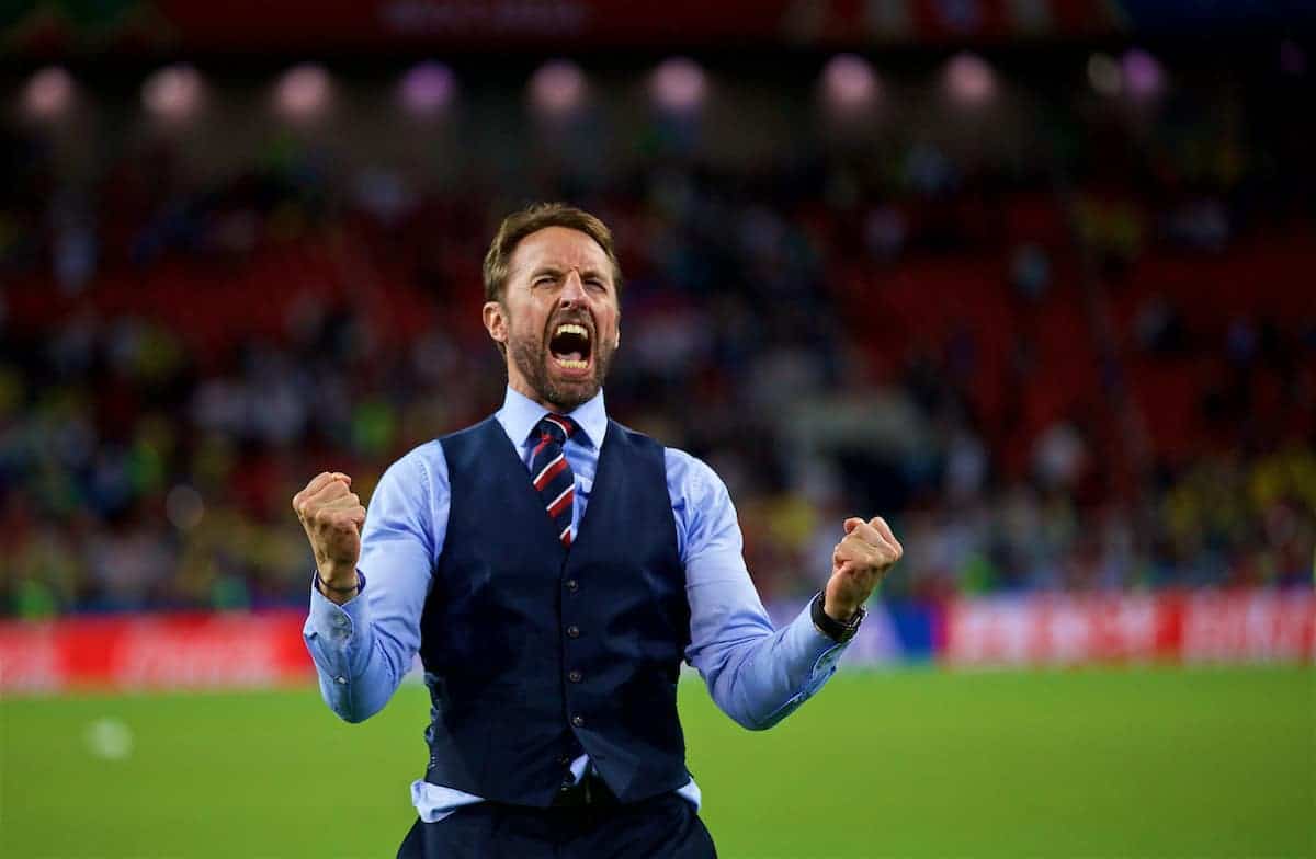 MOSCOW, RUSSIA - Tuesday, July 3, 2018: England's manager Gareth Southgate screams in celebration after beating Colombia on penalties during the FIFA World Cup Russia 2018 Round of 16 match between Colombia and England at the Spartak Stadium. (Pic by David Rawcliffe/Propaganda)