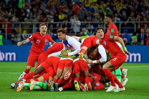 MOSCOW, RUSSIA - Tuesday, July 3, 2018: England players celebrate after winning the penalty shoot-out during the FIFA World Cup Russia 2018 Round of 16 match between Colombia and England at the Spartak Stadium. (Pic by David Rawcliffe/Propaganda)