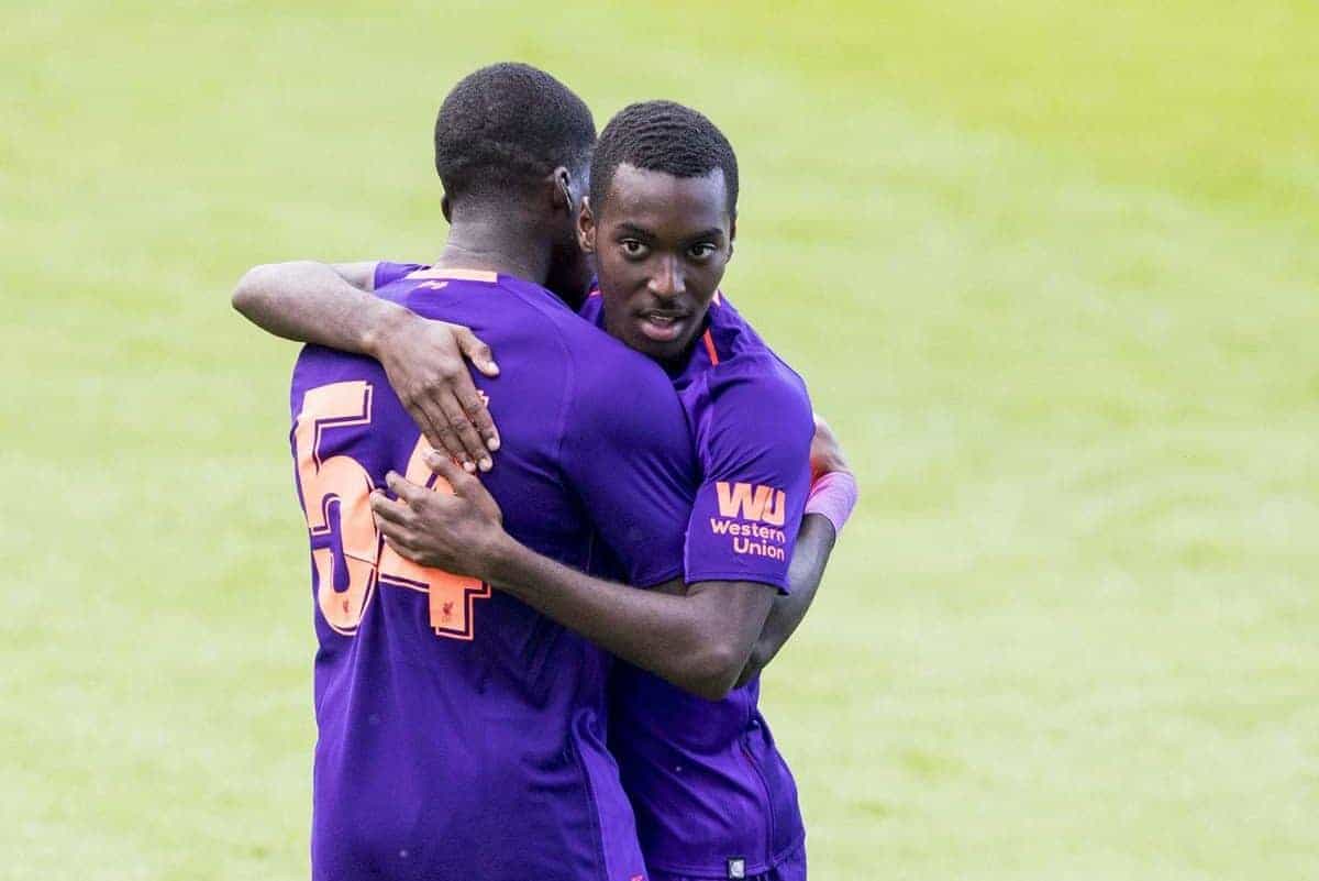 BIRKENHEAD, ENGLAND - Tuesday, July 10, 2018: Liverpool's Rafael Camacho celebrates scoring the first goal with Sheyi Ojo during a preseason friendly match between Tranmere Rovers FC and Liverpool FC at Prenton Park. (Pic by Paul Greenwood/Propaganda)