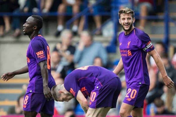 BIRKENHEAD, ENGLAND - Tuesday, July 10, 2018: Liverpool's Adam Lallana celebrates scoring the third goal during a preseason friendly match between Tranmere Rovers FC and Liverpool FC at Prenton Park. (Pic by Paul Greenwood/Propaganda)