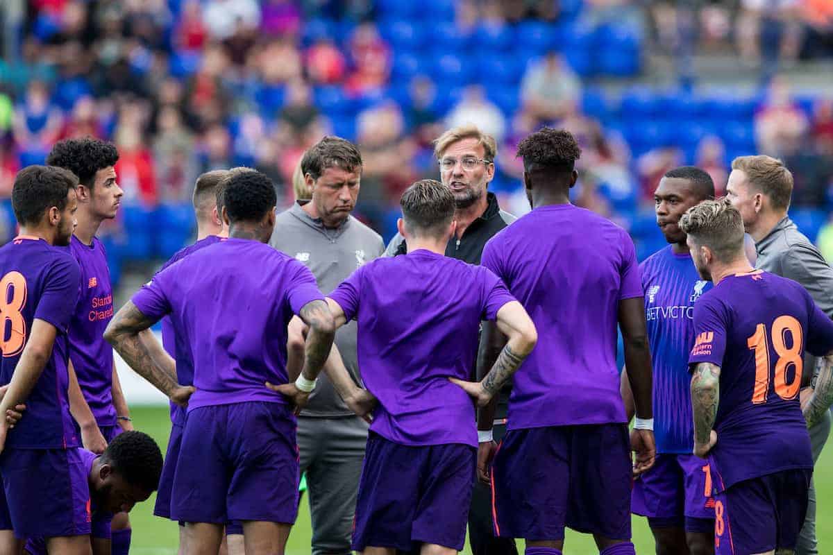 BIRKENHEAD, ENGLAND - Tuesday, July 10, 2018: Liverpool's manager Jürgen Klopp gives a team talk to the second half substitutes in half time during a preseason friendly match between Tranmere Rovers FC and Liverpool FC at Prenton Park. (Pic by Paul Greenwood/Propaganda)