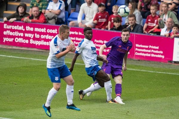 BIRKENHEAD, ENGLAND - Tuesday, July 10, 2018: Liverpool's Andy Robertson during a preseason friendly match between Tranmere Rovers FC and Liverpool FC at Prenton Park. (Pic by Paul Greenwood/Propaganda)