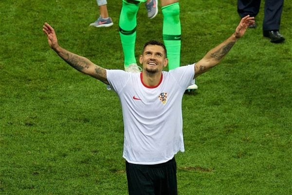 MOSCOW, RUSSIA - Wednesday, July 11, 2018: Croatia's Dejan Lovren celebrates after the FIFA World Cup Russia 2018 Semi-Final match between Croatia and England at the Luzhniki Stadium. Croatia won 2-1 after extra-time. (Pic by David Rawcliffe/Propaganda)