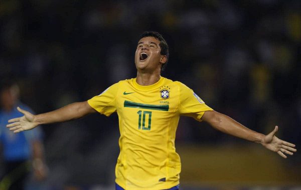 Brazil's Philippe Coutinho celebrates after scoring against Panama during a U-20 World Cup group E soccer match in Barranquilla, Colombia, Thursday, Aug. 4, 2011. (AP Photo/Fernando Llano)