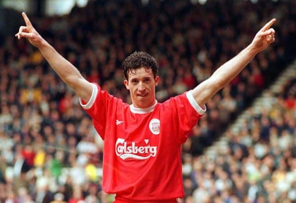 Robbie Fowler celebrates after scoring for Liverpool against Derby County, during their FA Premiership football match at Pride Park, Derby. 1999. Rui Vieira/PA Archive/PA Images)