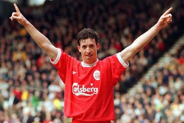 Robbie Fowler celebrates after scoring for Liverpool against Derby County, during their FA Premiership football match at Pride Park, Derby. 1999. Rui Vieira/PA Archive/PA Images)