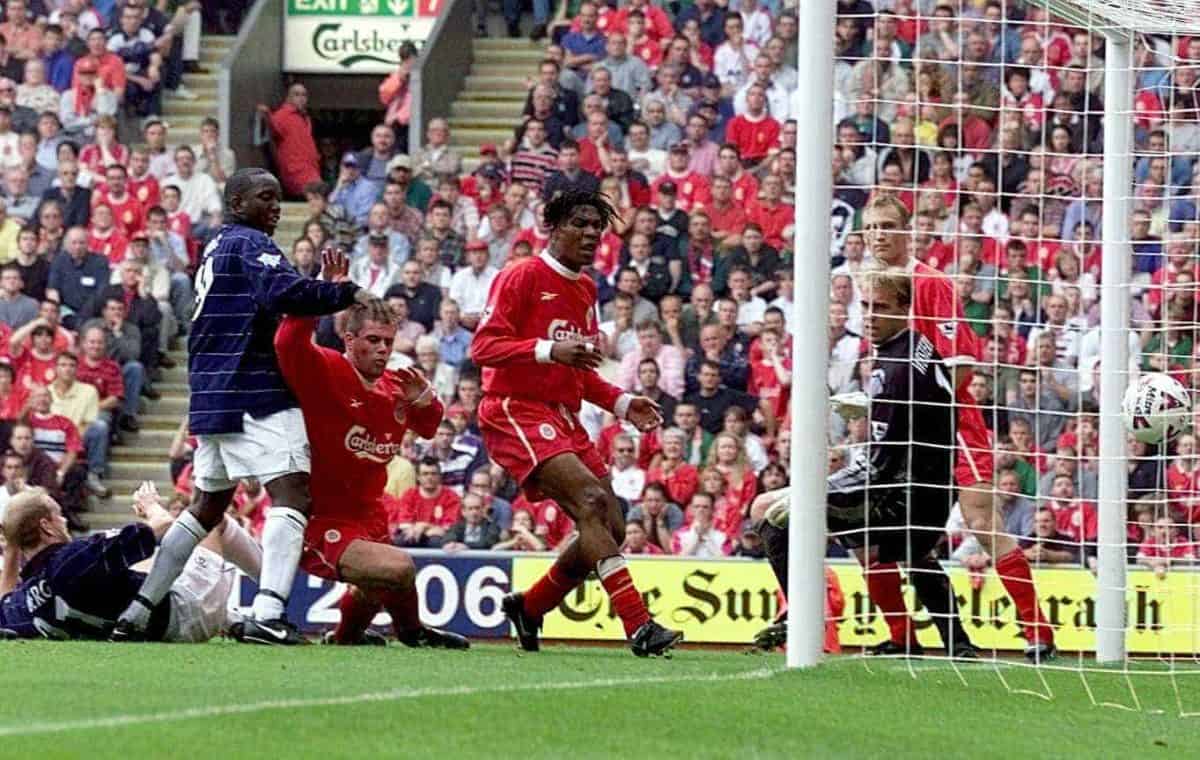Liverpool defence can only watch as Jamie Carragher (1st Liverpool player on left) scores his second own goal during the premiership match against Manchester United at Anfield .
