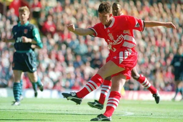 Robbie Fowler scoring his second goal against Arsenal at Anfield.