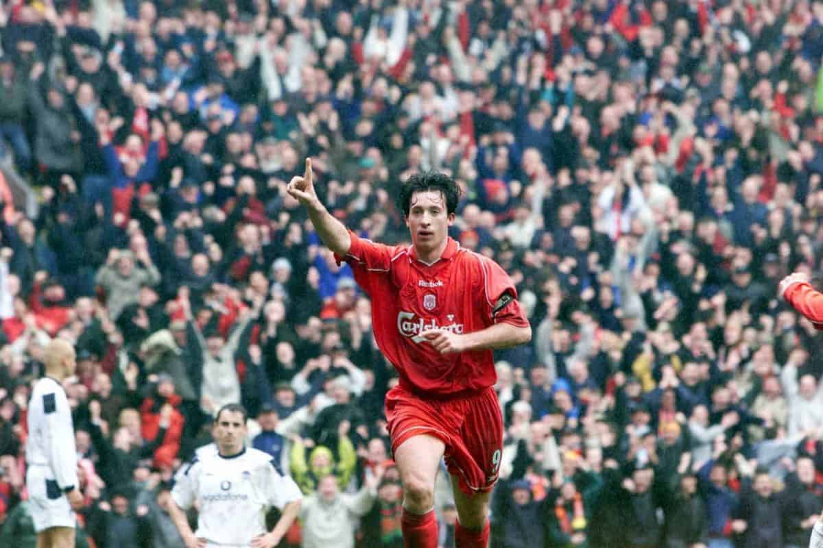 Robbie Fowler celebrates scoring Liverpool's second goal during the FA Carling Premiership game against Manchester United at Anfield, Liverpool.