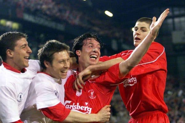 Liverpool's Robbie Fowler celebrates scoring the fourth goal with team mates (from left) Gregory Vignal, Nicky Barmby and Steven Gerrard during the UEFA Cup Final at the Westfalen Stadium, Dortmund.