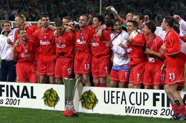 Liverpool team celebrate after winning the UEFA cup on the Golden Goal rule against CD Alaves in the UEFA Cup Final at the Westfalen Stadium, Dortmund. (Picture by: David Davies / PA Archive/Press Association Images)