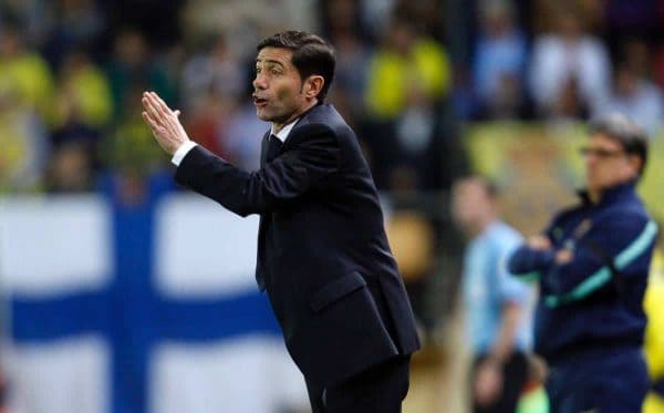 Villarreal's coach Marcelino Garcia Toral from Spain gestures to players during a Spanish La Liga soccer match against Barcelona at the Madrigal stadium in Villarreal, Spain, on Sunday, April 27, 2014. (AP Photo/Alberto Saiz)