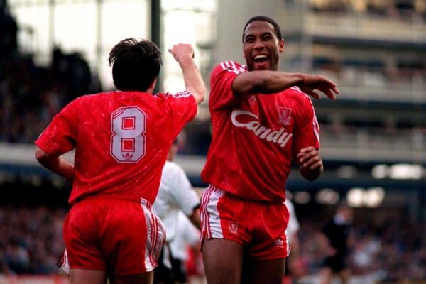 John Barnes, Peter Beardsley, Liverpool, 1988 (Picture by Ross Kinnaird EMPICS Sport)