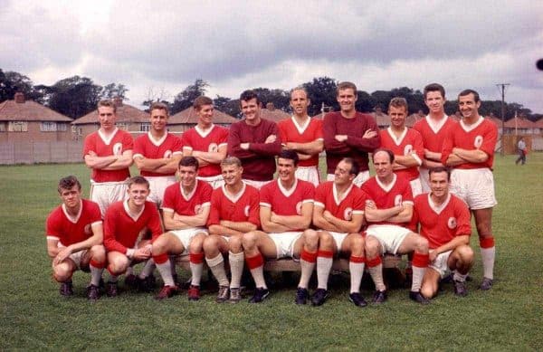 Liverpool squad 1962-63: (back row, l-r) Phil Ferns, Gordon Milne, Wilf Stevenson, Tommy Lawrence, Ronnie Moran, Jim Furnell, Alan A'Court, Chris Lawler, Gerry Byrne; (front row, l-r) Alf Arrowsmith, Gordon Wallace, Ian Callaghan, Roger Hunt, Ron Yeats, Ian St John, Jimmy Melia, ?