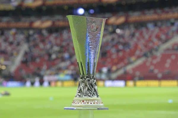 The trophy is on display prior to the final of the soccer Europa League between FC Dnipro Dnipropetrovsk and Sevilla FC at the National Stadium in Warsaw, Poland, Wednesday, May 27, 2015. (AP Photo/Alik Keplicz)