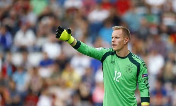 Germany¬ís goalkeeper Marc-Andre ter Stegen gestures during the Euro U21 soccer championship semi final match between Portugal and Germany, at the Ander stadium in Olomouc, Czech Republic, Saturday, June 27, 2015. (AP Photo/Matthias Schrader)