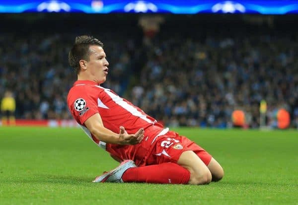 Sevilla's Yevhen Konoplyanka celebrates scoring his side's first goal of the game against Manchester City.