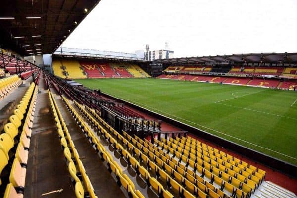 A general view of Vicarage Road during the Barclays Premier League match at Vicarage Road, Watford. PRESS ASSOCIATION Photo. Picture date: Saturday November 21, 2015. See PA story SOCCER Watford. Photo credit should read: Andrew Matthews/PA Wire. RESTRICTIONS: EDITORIAL USE ONLY No use with unauthorised audio, video, data, fixture lists, club/league logos or "live" services. Online in-match use limited to 75 images, no video emulation. No use in betting, games or single club/league/player publications.