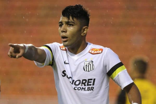 In this Jan. 21, 2014 photo, Santos' Gabriel Barbosa reacts during a Campeonato Paulista soccer game at Pacaembu stadium, in Sao Paulo, Brazil. Santos striker Gabriel Barbosa doesn¬ít like the comparison, but Brazilians see him as the next Neymar. How¬ís that for pressure? The 19-year-old Barbosa, who is known universally as ¬ìGabigol,¬î is ranked as Brazil¬ís most promising player. (AP Photo/Nelson Antoine)