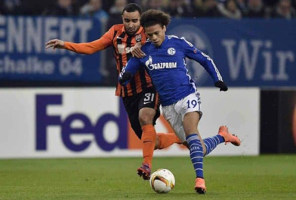 Donetsk's Ismally, left, and Schalke's Leroy Sane challenge for the ball during the Europa League round of 32 second leg soccer match between FC Schalke 04 and Shakhtar Donetsk in Gelsenkirchen, Germany, Thursday, Feb. 25, 2016. (AP Photo/Martin Meissner)