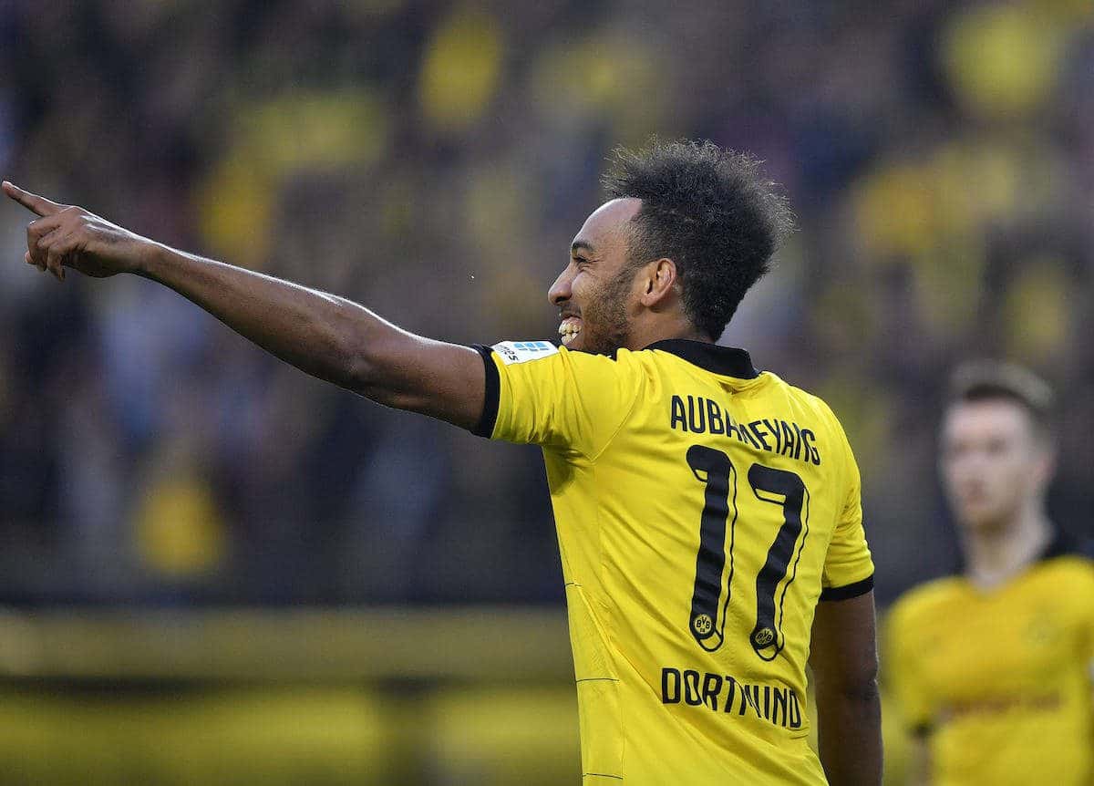 Dortmund's Pierre-Emerick Aubameyang celebrates after scoring during the German Bundesliga soccer match between Borussia Dortmund and Werder Bremen in Dortmund, Germany, Saturday, April 2, 2016. (AP Photo/Martin Meissner)