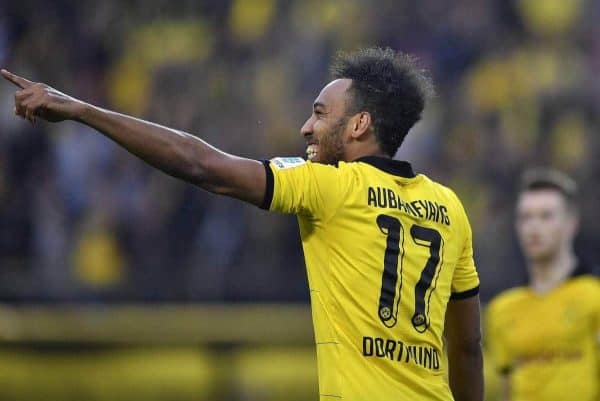 Dortmund's Pierre-Emerick Aubameyang celebrates after scoring during the German Bundesliga soccer match between Borussia Dortmund and Werder Bremen in Dortmund, Germany, Saturday, April 2, 2016. (AP Photo/Martin Meissner)