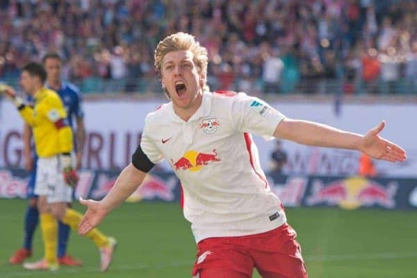 Leipzig's Emil Forsberg celebrates after scoring a goal during the German second division Bundesliga soccer match between RB Leipzig and Karlsruhe SC at the Red Bull Arena soccer stadium in Leipzig, Germany, Sunday, May 8, 2016. RB Leipzig can clinch the promotion to the German first division Bundesliga after this match. (AP Photo/Jens Meyer)