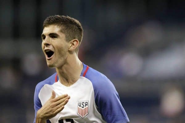 U.S. forward Christian Pulisic reacts after scoring against Bolivia during the second half of an international friendly soccer match, Saturday, May. 28, 2016, in Kansas City, Kan. (AP Photo/Colin E. Braley)