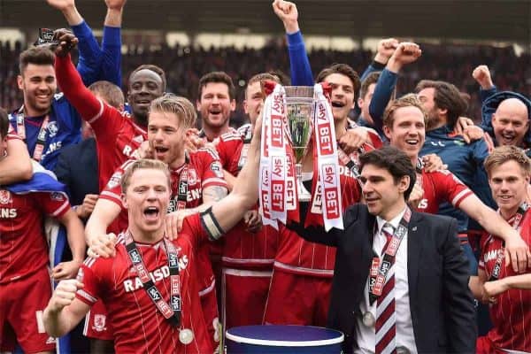 Middlesbrough Grant Leadbetter lifts the cup with Aitor Karanka as they celebrate returning to the Premier League RESS ASSOCIATION Photo. Issue date: Friday July 22, 2016. For promoted trio Burnley, Middlesbrough and Hull, the primary aim is simply to remain in the Premier League.