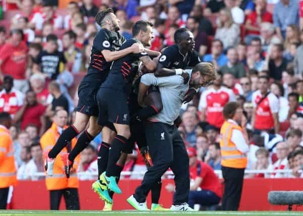 Liverpool's Sadio Mane celebrates scoring his sides fourth goal with Jurgen Klopp during the Premier League match at the Emirates Stadium, London. Picture date August 14th, 2016 Pic David Klein/Sportimage via PA Images