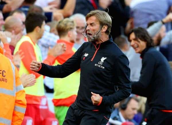 Jurgen Klopp manager of Liverpool celebrates the second goal and loses his glasses during the Premier League match at Anfield Stadium. (Pic Simon Bellis/Sportimage via PA Images)