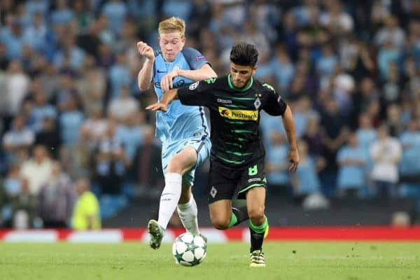 Manchester City's Kevin De Bruyne and Borussia Monchengladbach's Mahmoud Dahoud battle for the ball during the Champions League match at the Etihad Stadium, Manchester. PRESS ASSOCIATION Photo. Picture date: Wednesday September 14, 2016. See PA story SOCCER Man City. Photo credit should read: Martin Rickett/PA Wire