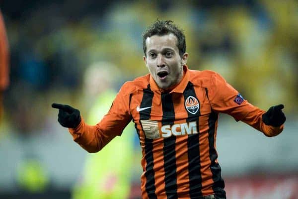 Shakhtar Donetsk's midfielder Bernard celebrates after scoring during a third game of the group stage (group H) of the Europa League competition between Ukraine club Shaktar Donetsk and Belgian soccer team KAA Gent, Thursday 20 October 2016, in Lviv, Ukraine. BELGA PHOTO JASPER JACOBS