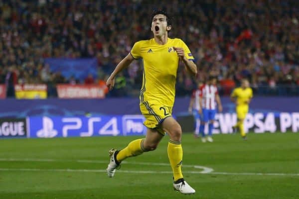 Rostov's Sardar Azmoun celebrates scoring his side's 1st goal during the Champions League Group D soccer match between Atletico Madrid and Rostov at the Vicente Calderon stadium in Madrid, Spain, Tuesday Nov. 1, 2016. (AP Photo/Francisco Seco)