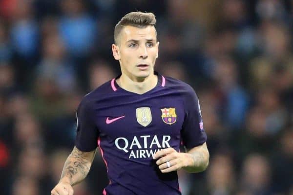 Barcelona's Lucas Digne in action during the UEFA Champions League match at the Etihad Stadium, Manchester. PRESS ASSOCIATION Photo. Picture date: Tuesday November 1, 2016. See PA story SOCCER Man City. Photo credit should read: Tim Goode/PA Wire