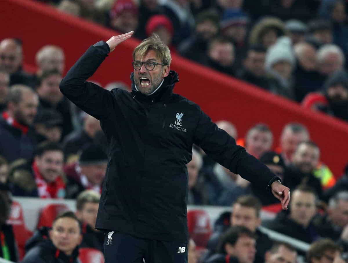 Jurgen Klopp manager of Liverpool tries to fire up the crowd during the Premier League match at the Anfield Stadium, Liverpool. Picture date: November 26th, 2016. Pic Simon Bellis/Sportimage via PA Images