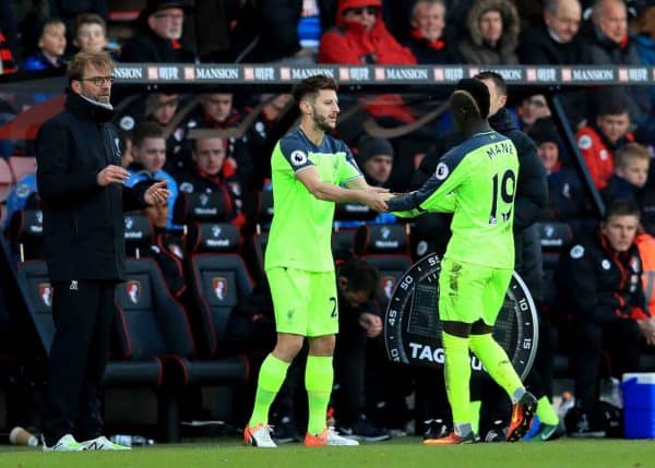 Liverpool's Adam Lallana (centre) is substituted on for Liverpool's Sadio Mane (right) by Liverpool manager Jurgen Klopp (left) during the Premier League match at the Vitality Stadium, Bournemouth. 2016. (Picture by Adam Davy PA Wire/PA Images)