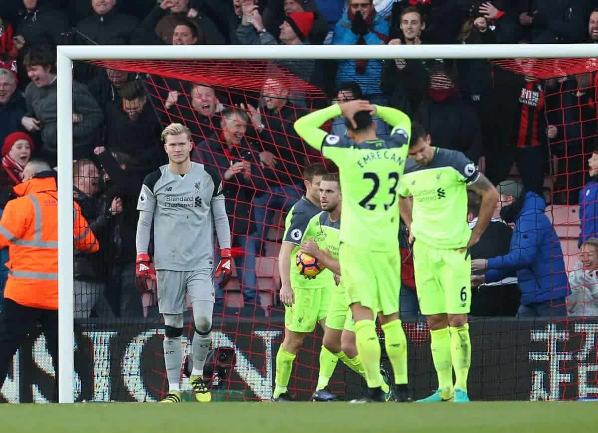 Liverpool's Loris Karius looks on dejected after his mistake gives Bournemouth's their fourth goal during the Premier League match at the Vitality Stadium, London. Picture date December 4th, 2016 Pic David Klein/Sportimage via PA Images