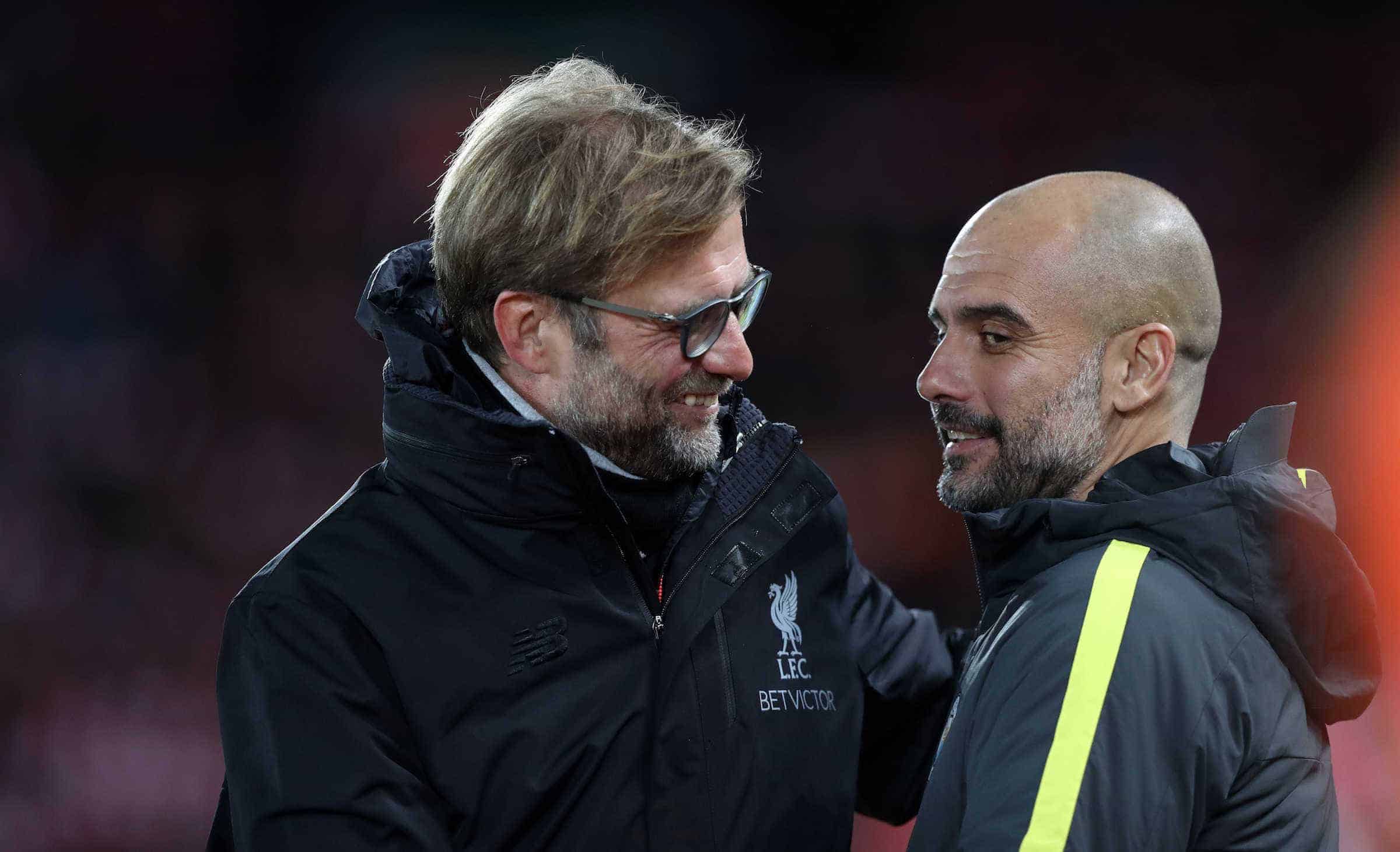 Jurgen Klopp manager of Liverpool and Manchester City Manager Pep Guardiola before the English Premier League match at Anfield Stadium, Liverpool. Picture date: December 31st, 2016. Photo: Cameron/Sportimage via PA Images