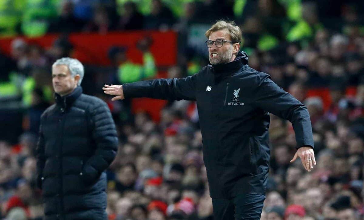 Liverpool manager Jurgen Klopp (right) and Manchester United manager Jose Mourinho on the touchline during the Premier League match at Old Trafford, Manchester.