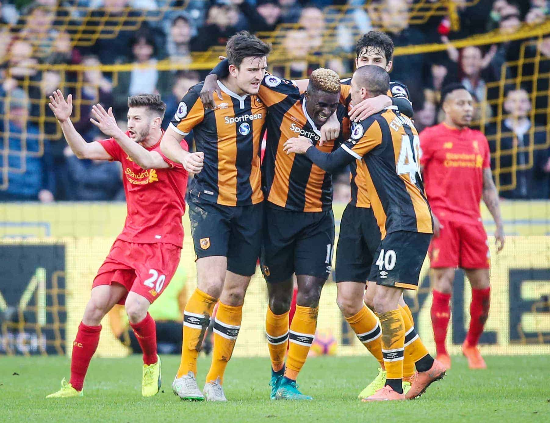 Hull City's Alfred N'Diaye (centre) celebrates scoring his side's first goal of the game during the Premier League match at the KCOM Stadium (Picture by Danny Lawson PA Wire/PA Images)