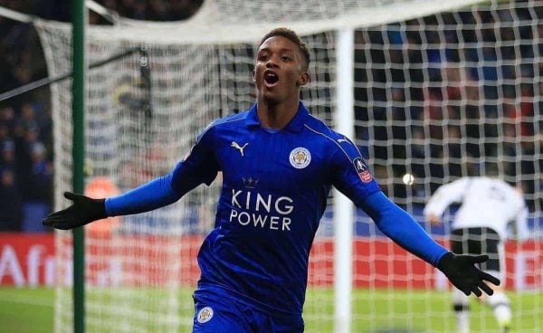 Leicester City's Demarai Gray celebrates scoring his sides third goal during the Emirates FA Cup, Fourth Round Replay match at the King Power Stadium, Leicester. PRESS ASSOCIATION Photo. Picture date: Wednesday February 8, 2017. See PA story SOCCER Leicester. Photo credit should read: Nigel French/PA Wire. RESTRICTIONS: EDITORIAL USE ONLY No use with unauthorised audio, video, data, fixture lists, club/league logos or "live" services. Online in-match use limited to 75 images, no video emulation. No use in betting, games or single club/league/player publications.