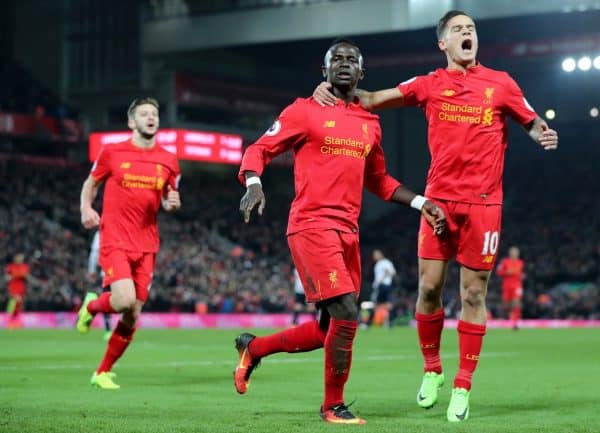 Liverpool's Sadio Mane celebrates scoring his side's second goal of the game during the Premier League match at Anfield, Liverpool. Saturday February 11, 2017. Photo: Peter Byrne/PA Wire.