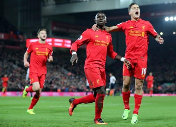 Liverpool's Sadio Mane celebrates scoring his side's second goal of the game during the Premier League match at Anfield, Liverpool. PRESS ASSOCIATION Photo. Picture date: Saturday February 11, 2017. See PA story SOCCER Liverpool. Photo credit should read: Peter Byrne/PA Wire. RESTRICTIONS: EDITORIAL USE ONLY No use with unauthorised audio, video, data, fixture lists, club/league logos or "live" services. Online in-match use limited to 75 images, no video emulation. No use in betting, games or single club/league/player publications.